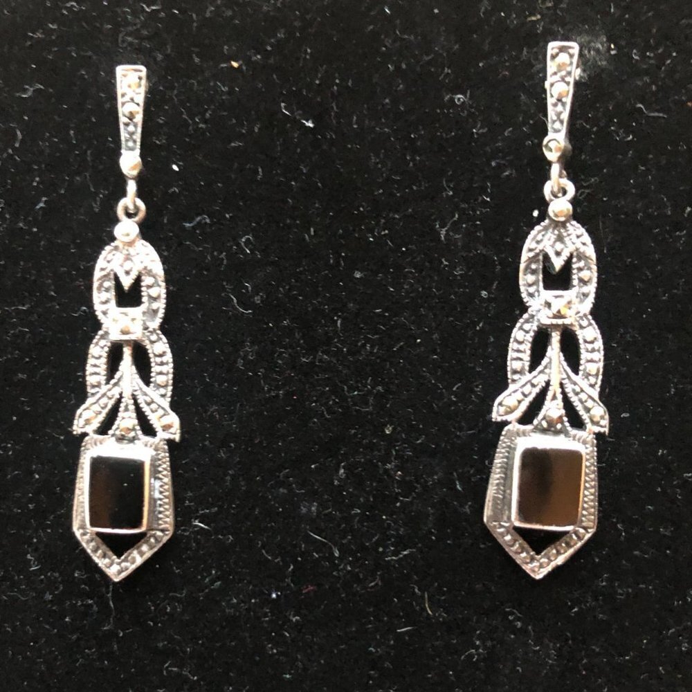 Sterling Silver Black Onyx Dangle Earrings Pierced 925 - Picture 2 of 4